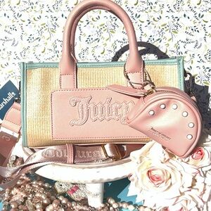 Juicy Couture Soft Serve Mini Tote Natural Pink Blue Faux Pearl Accent Crossbody